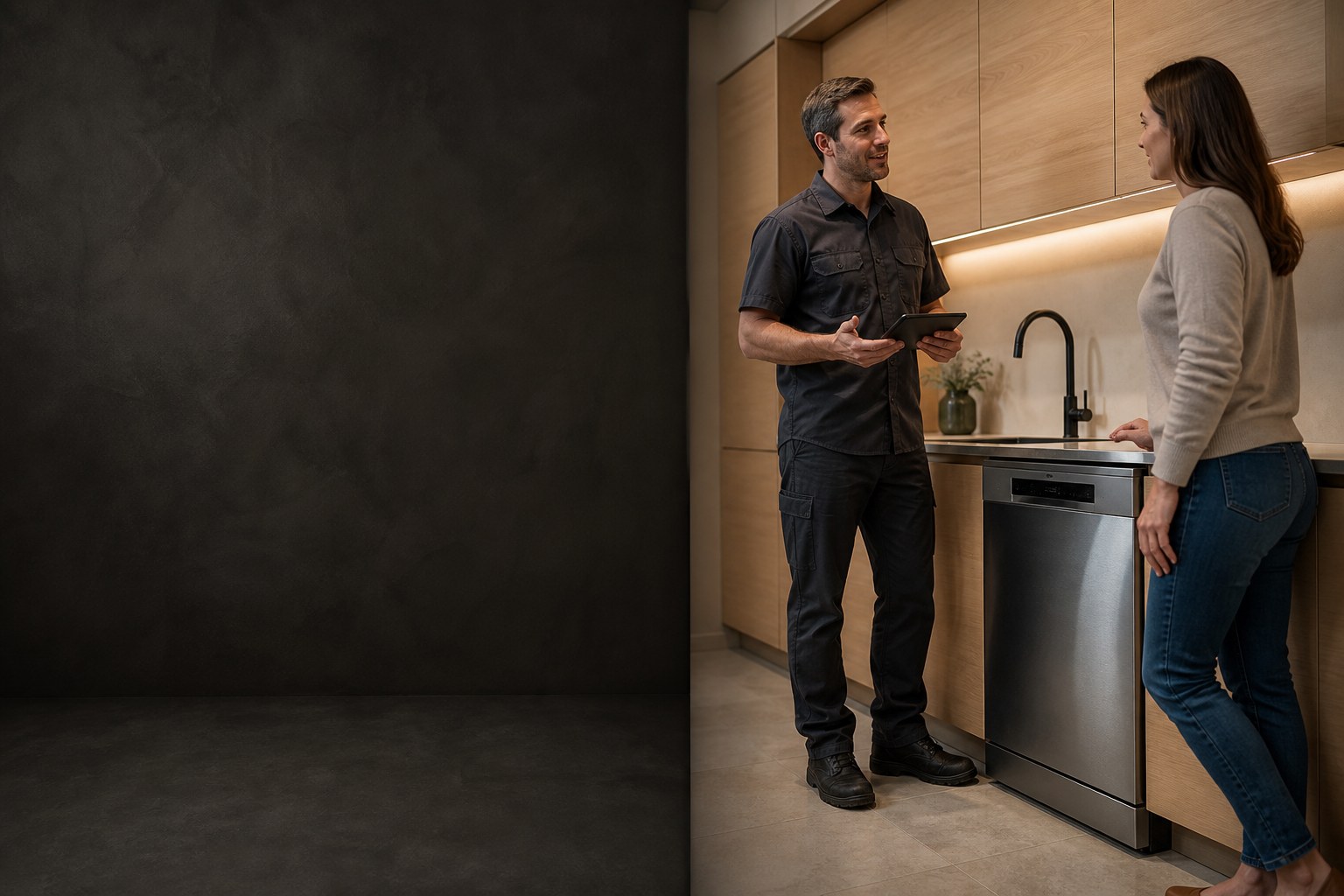 Authorized ASKO technician explaining a repair in a premium kitchen