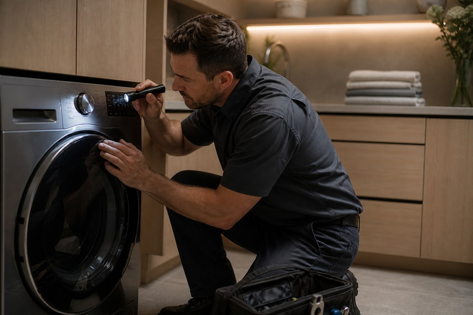 ASKO technician inspecting a washing machine during a service visit