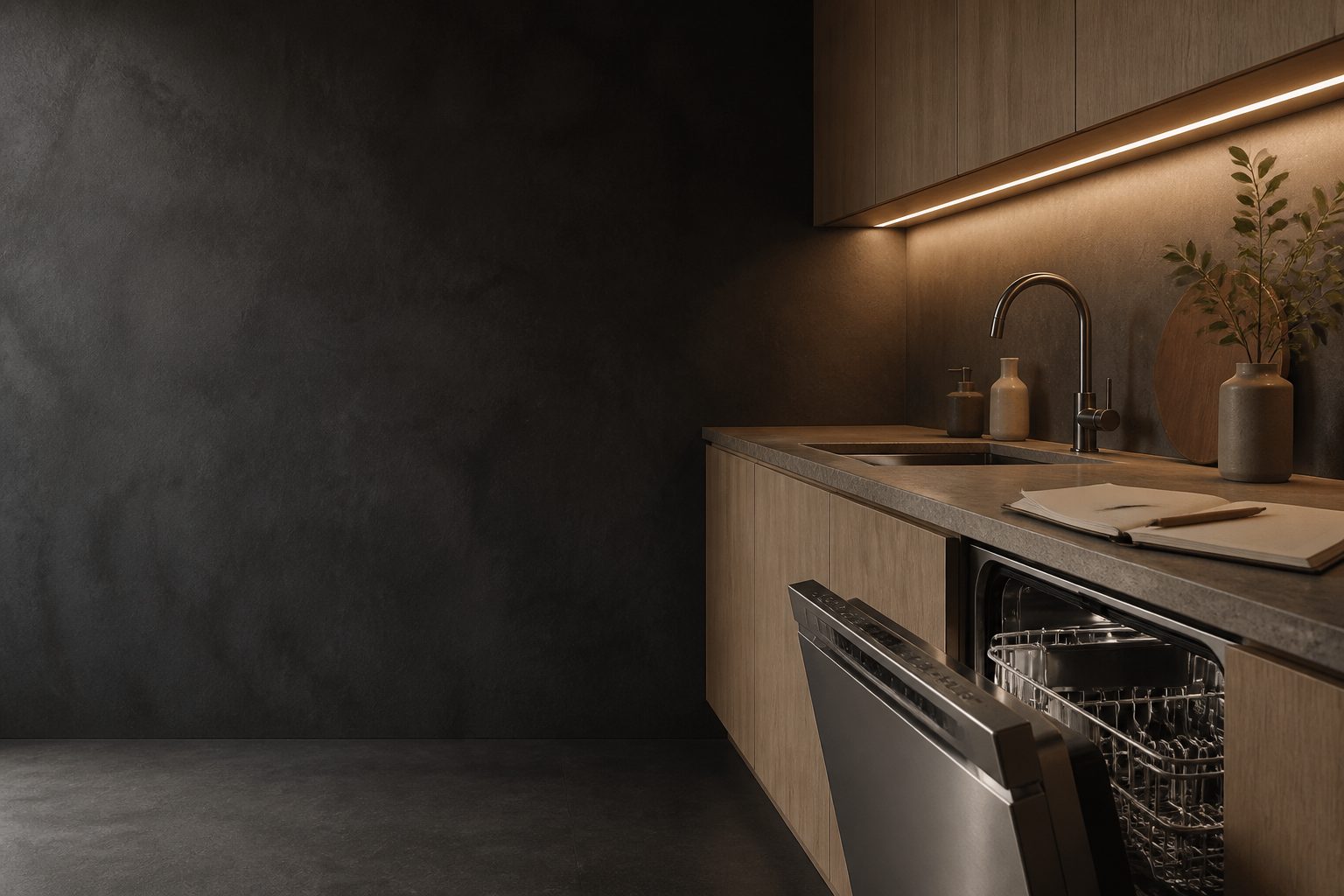 ASKO care tips and repair guides — technician notes beside a premium kitchen