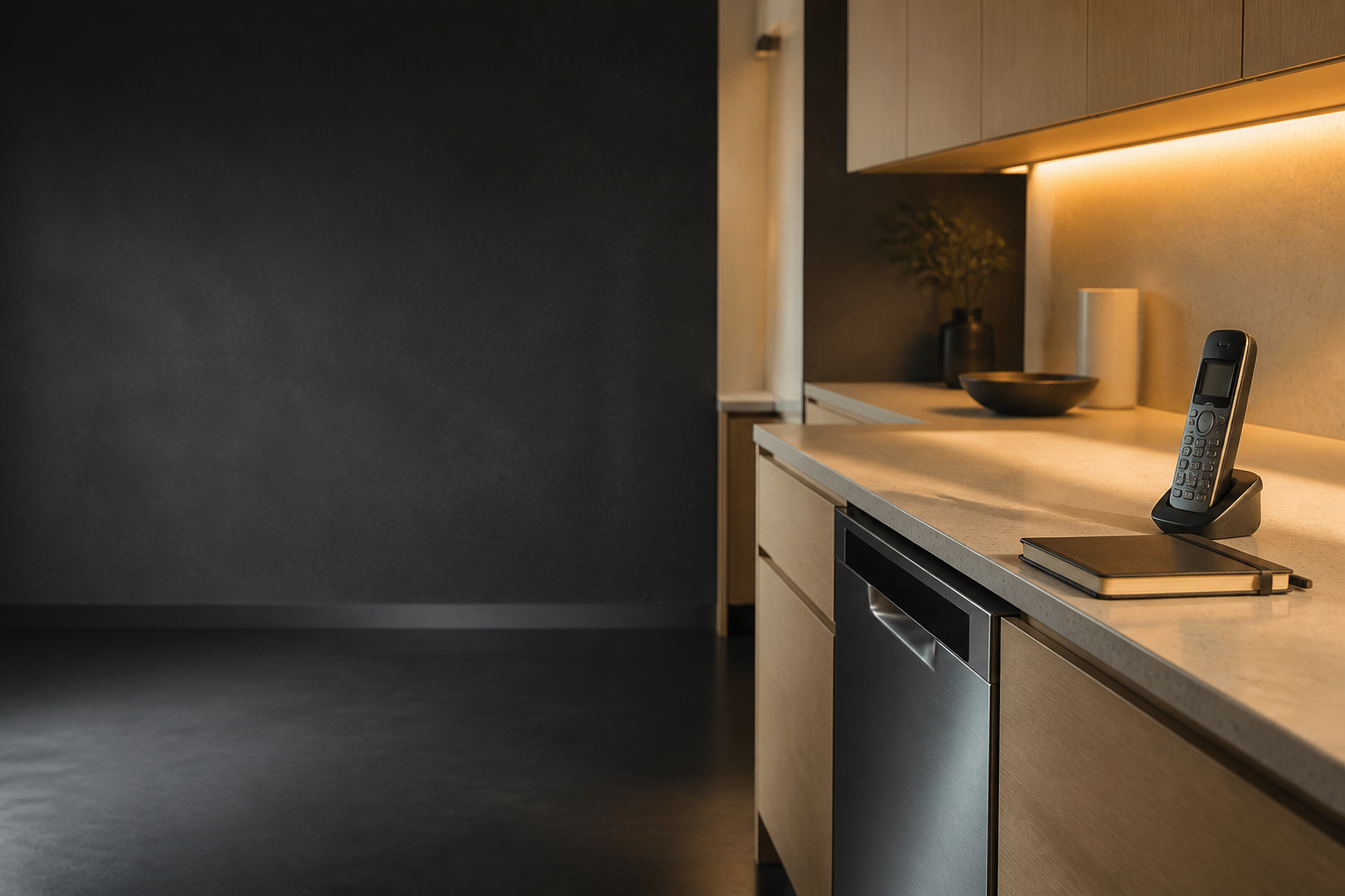 Contact desk beside a premium kitchen with an ASKO dishwasher