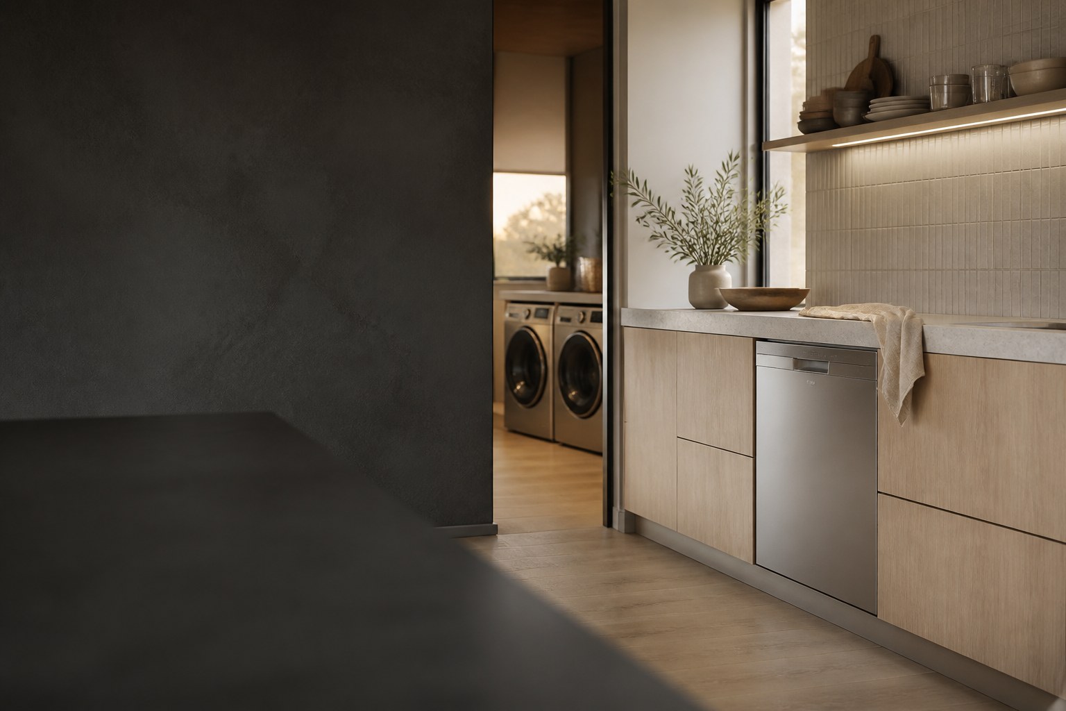 Premium kitchen with an integrated ASKO dishwasher and laundry pair