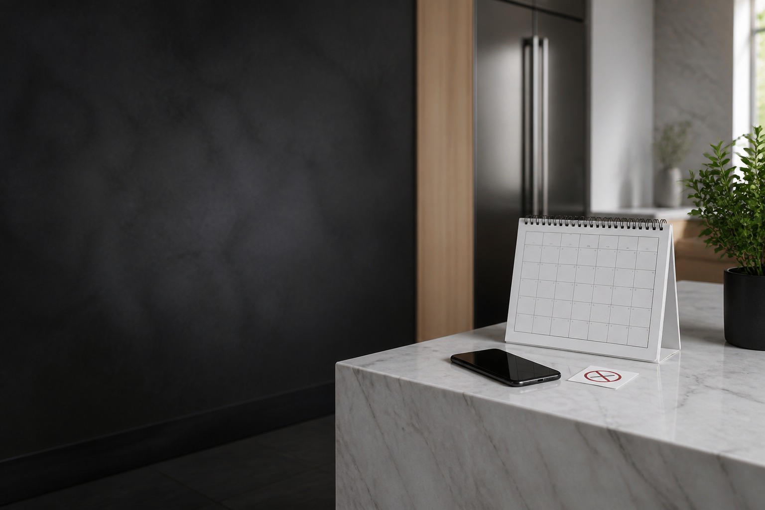Calendar, phone and appointment card on a kitchen counter