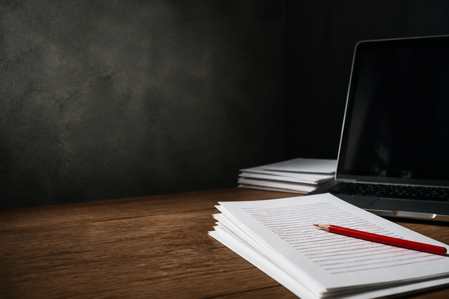 Red pencil correcting a printed draft beside a laptop