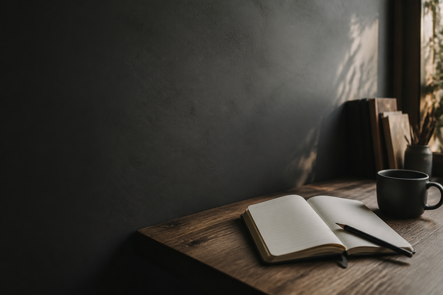 Open notebook and coffee on a wood desk in soft morning light