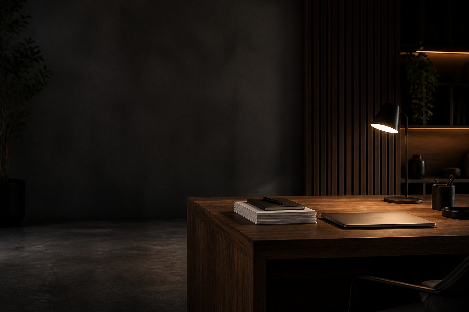 Quiet desk with laptop and paperwork in a premium interior