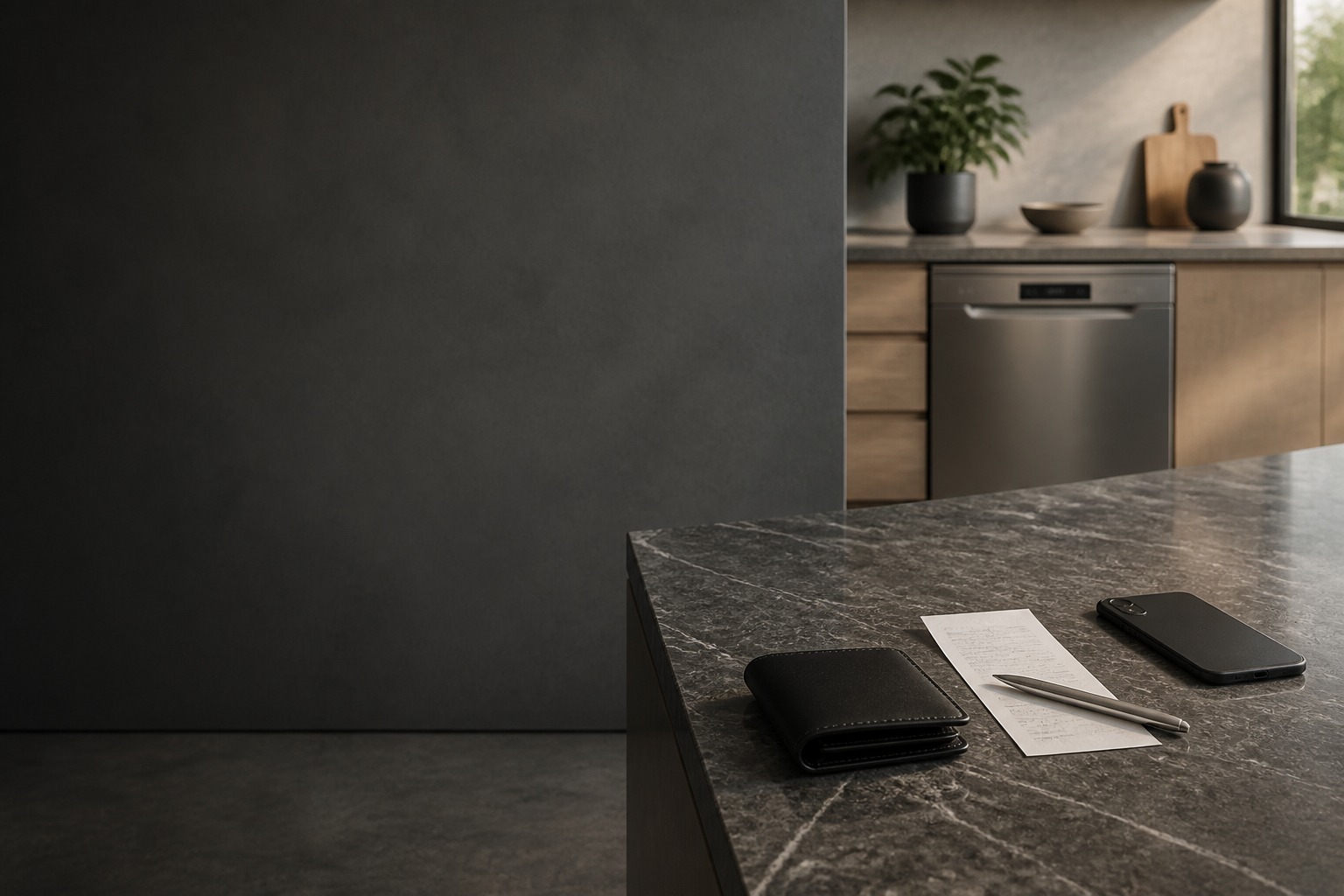 Wallet, receipt and phone on a kitchen counter