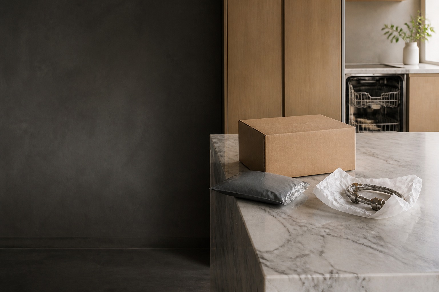 Parts carton and packing materials on a kitchen counter