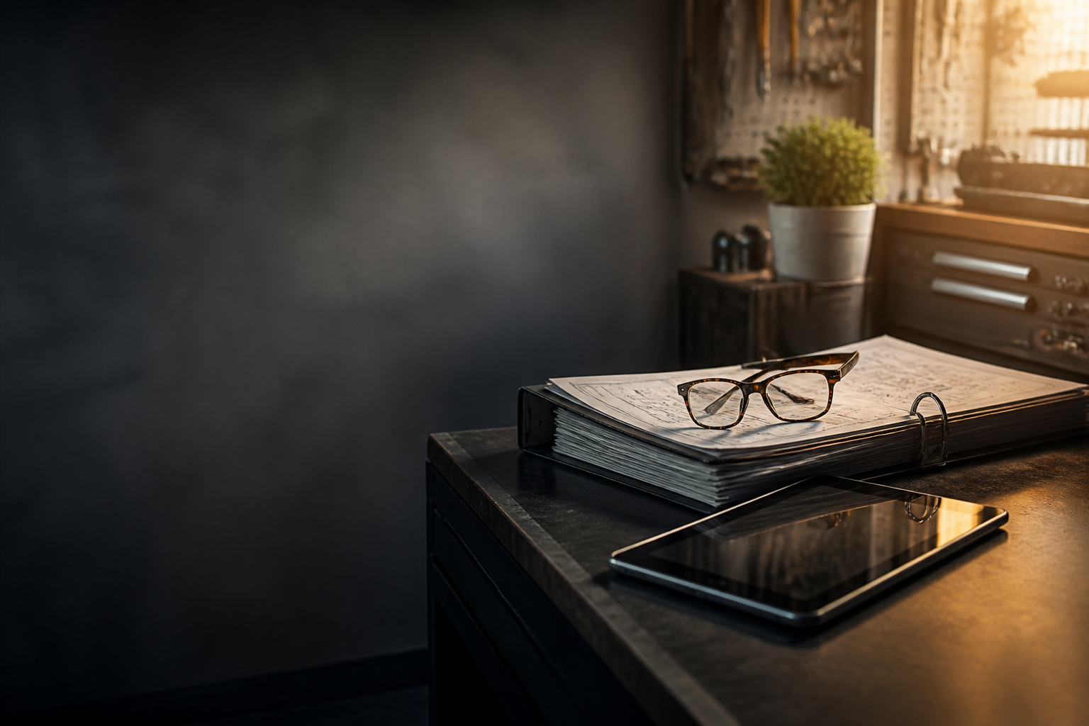 Reading glasses on a technical binder and tablet on a workshop desk