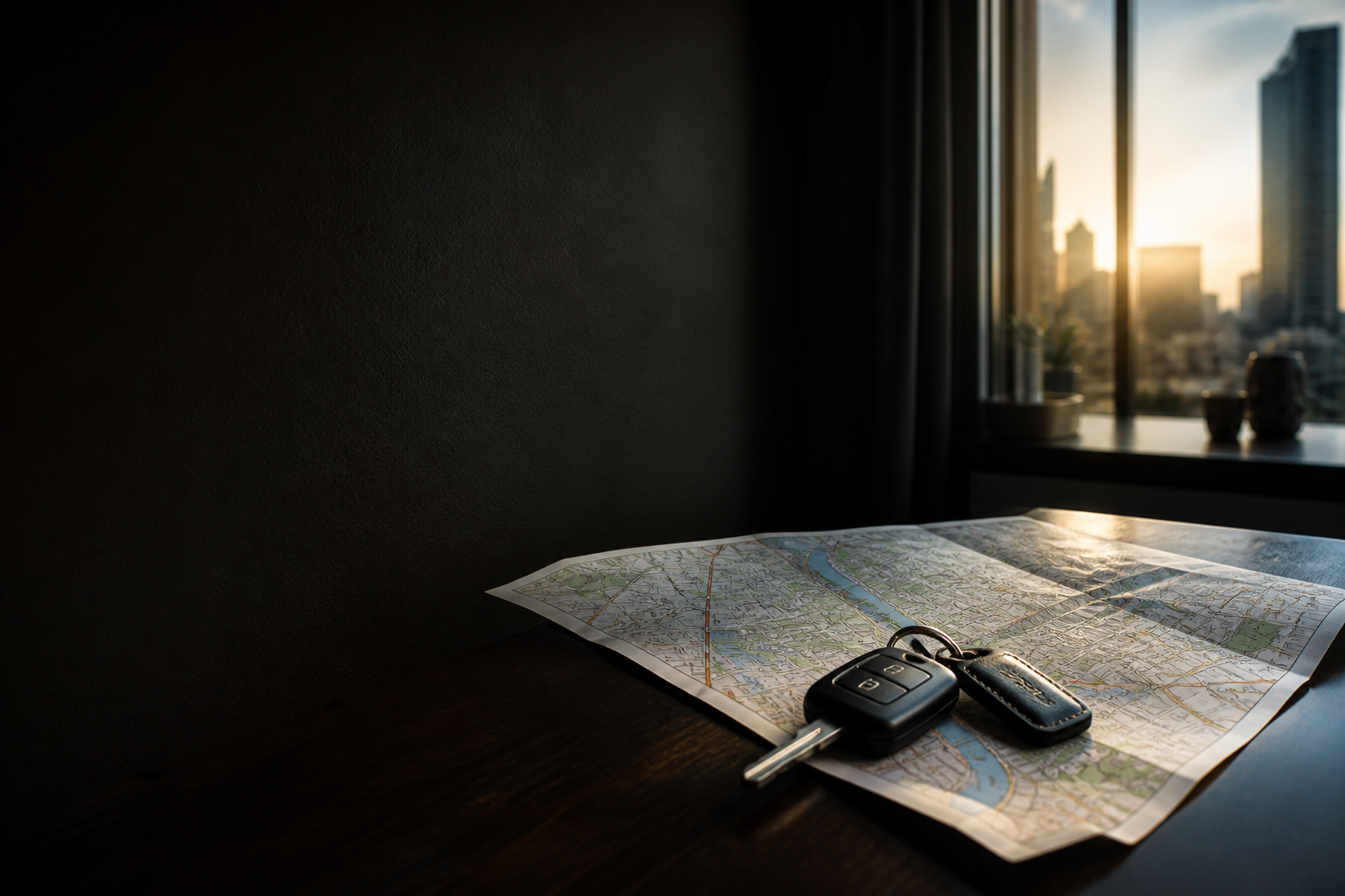 Folded map and keys on a table with soft city light