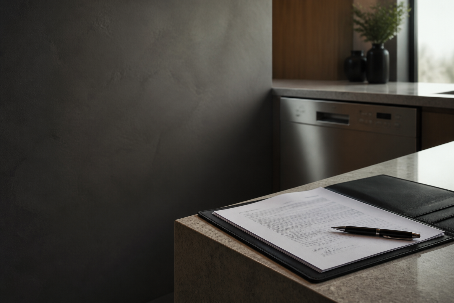 Service estimate folder on a kitchen counter beside a dishwasher