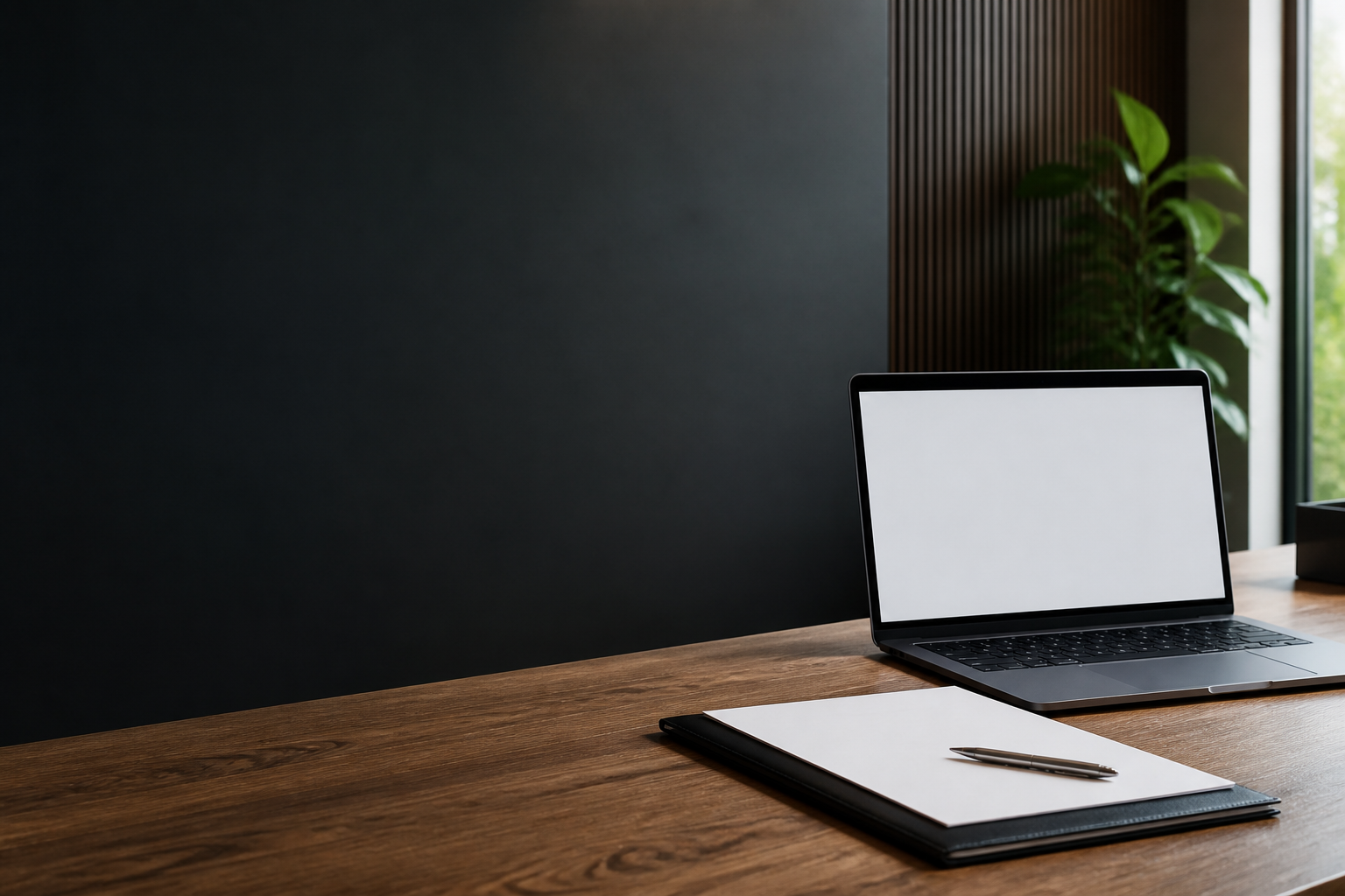 Laptop and printed agreement folder on an oak desk