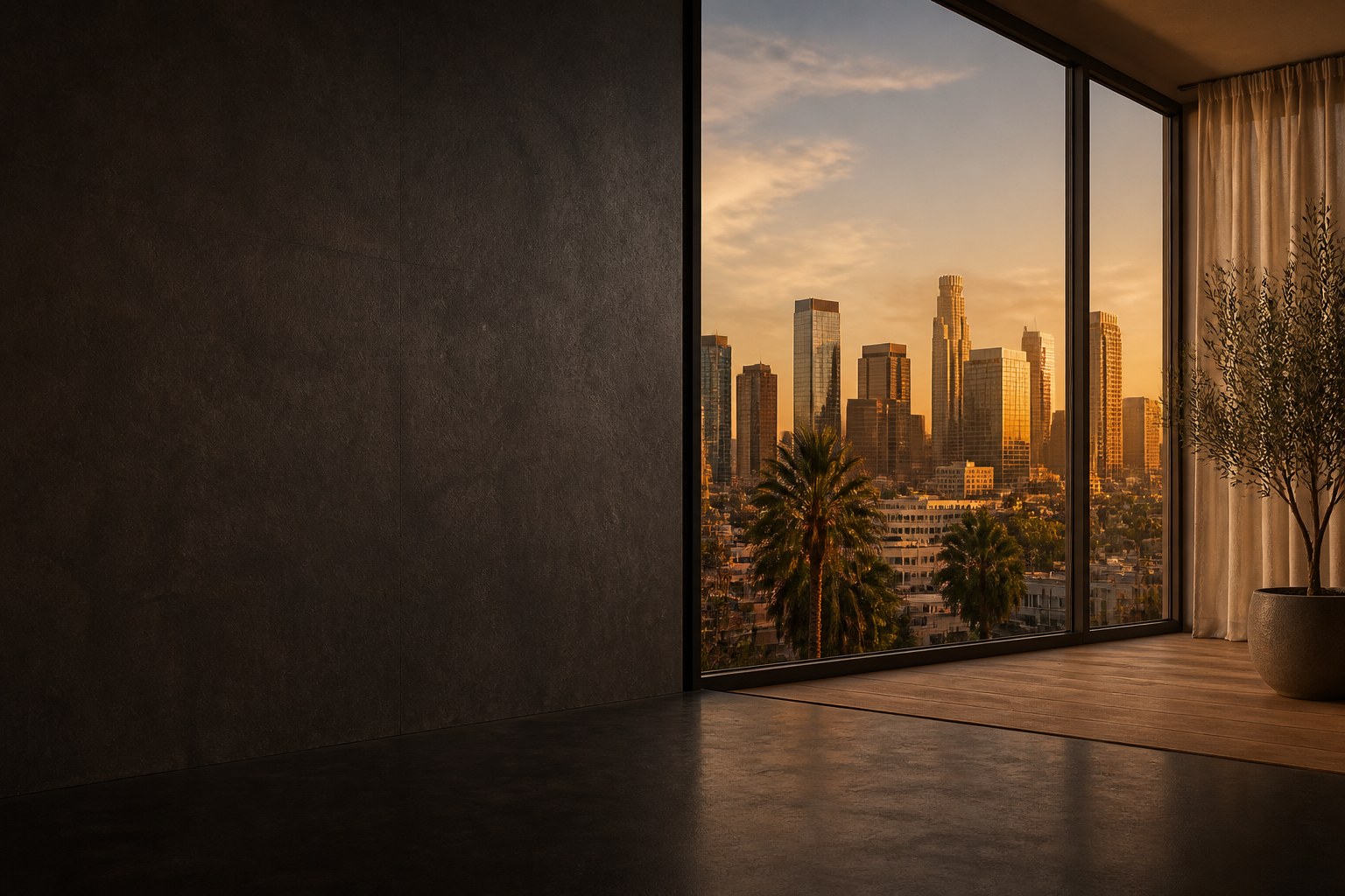 American city skyline at golden hour from a premium interior