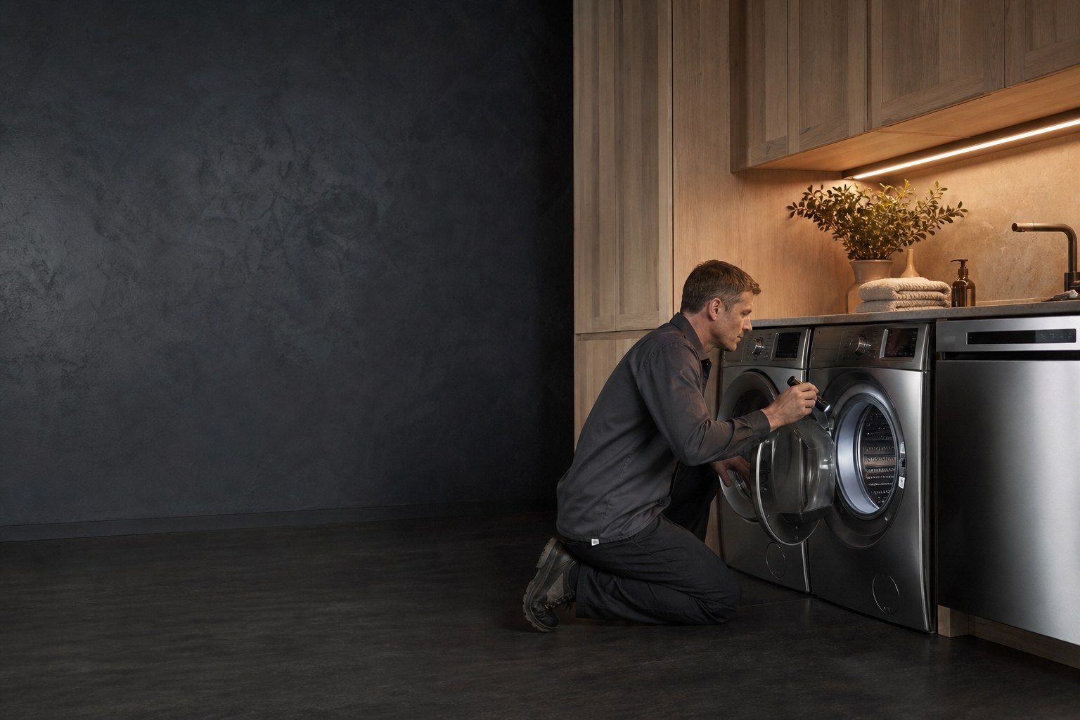 Technician servicing an ASKO washer in a premium laundry kitchen